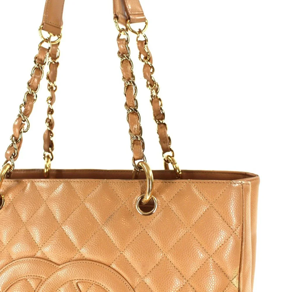 CHANEL Grand Shopping Tote Quilted Gold Chainlink Handle Handbag Beige - Picture 3 of 10